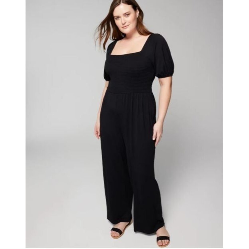 Soma‎ smocked wide-leg bra jumpsuit Size S black soft stretch knit jersey